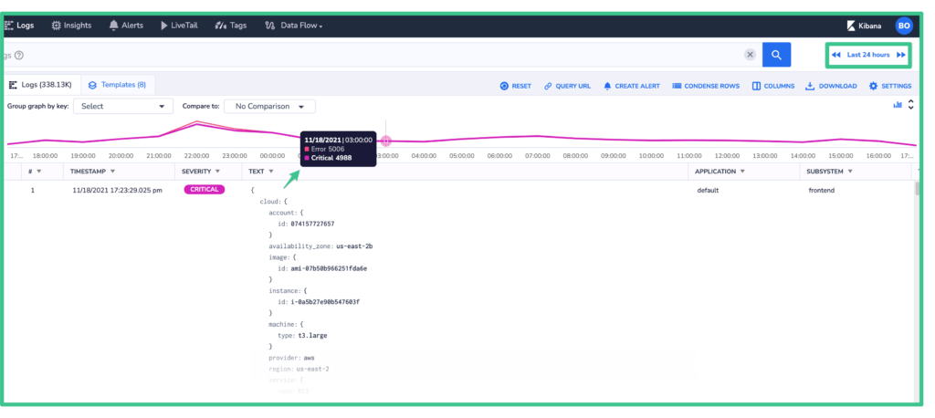 query result in logs screen