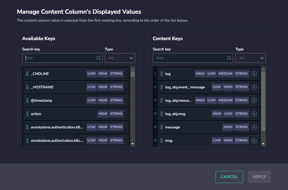 Manage Content Column Coralogix