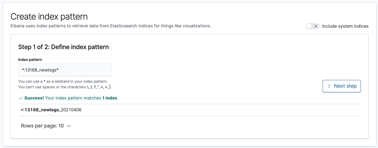 creating index pattern step 1