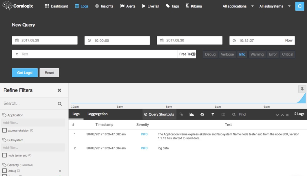 coralogix node logging