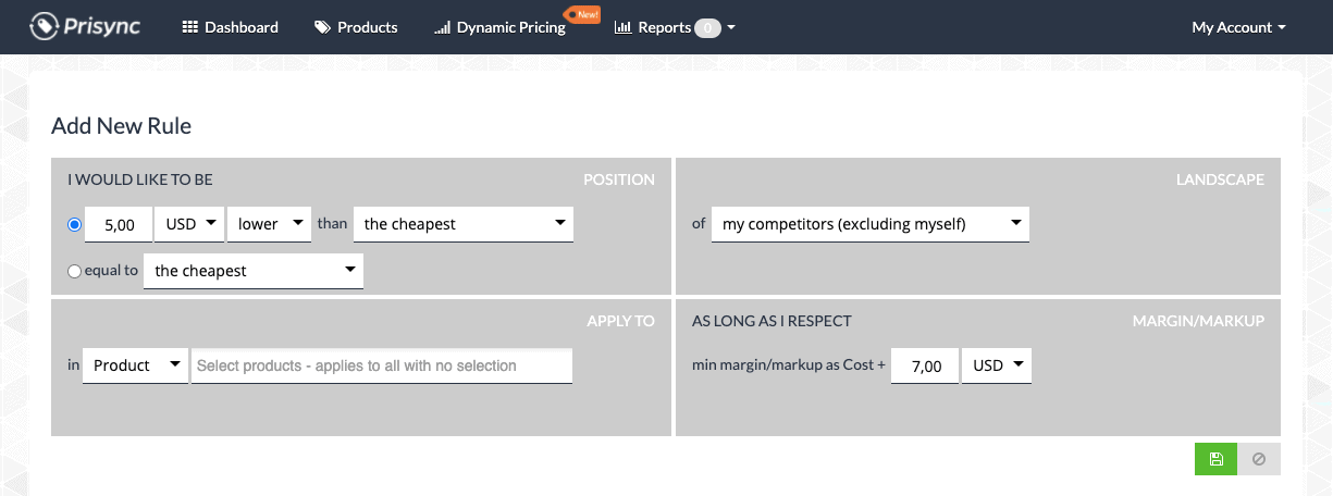 Dynamic Pricing Rule - Prisync dashboard