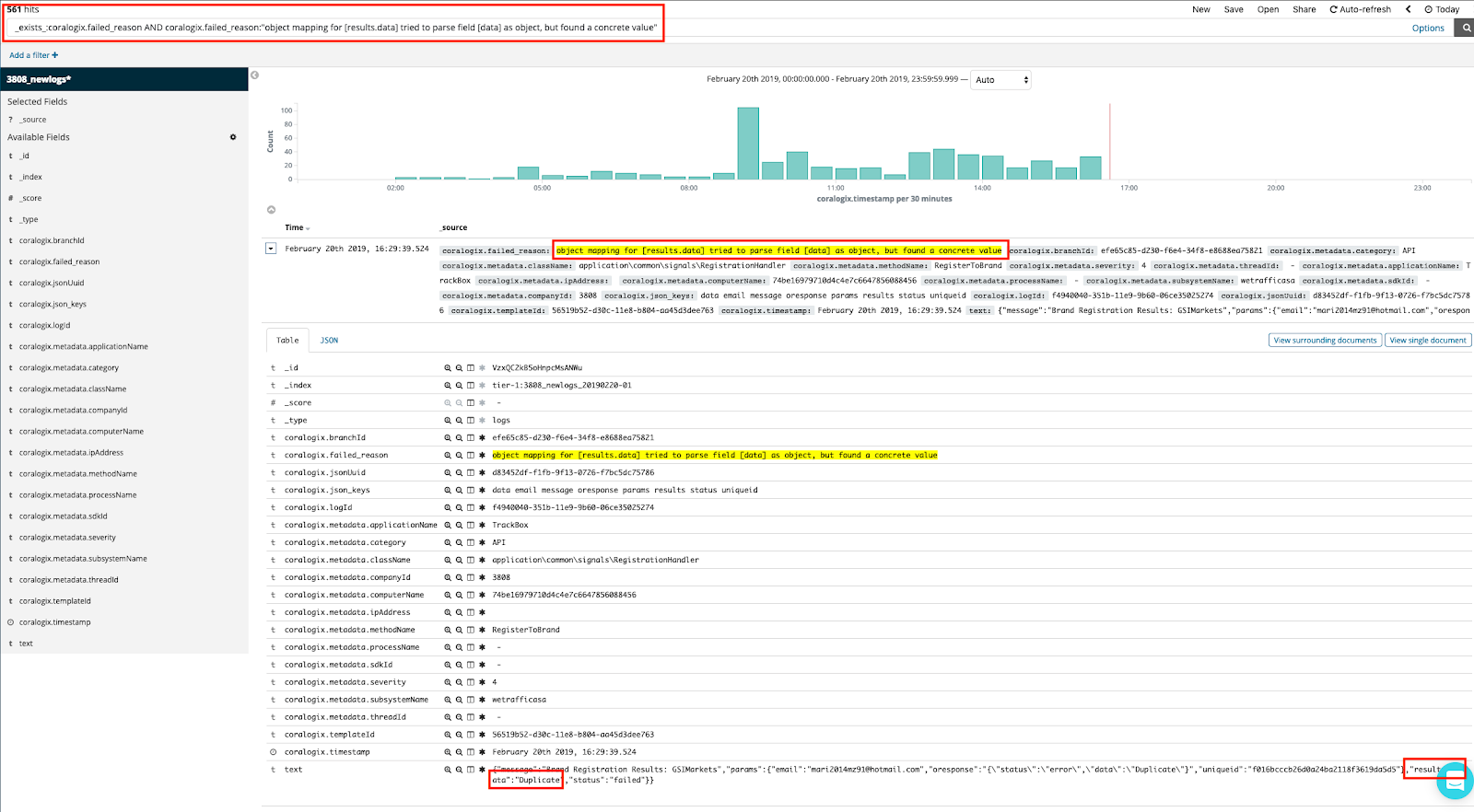 coralogix result.data-string-exception-kibana search