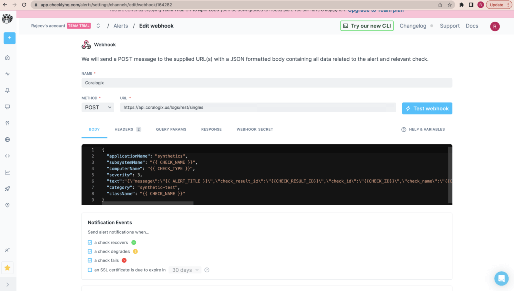 Synthetic Monitoring Checkly Coralogix