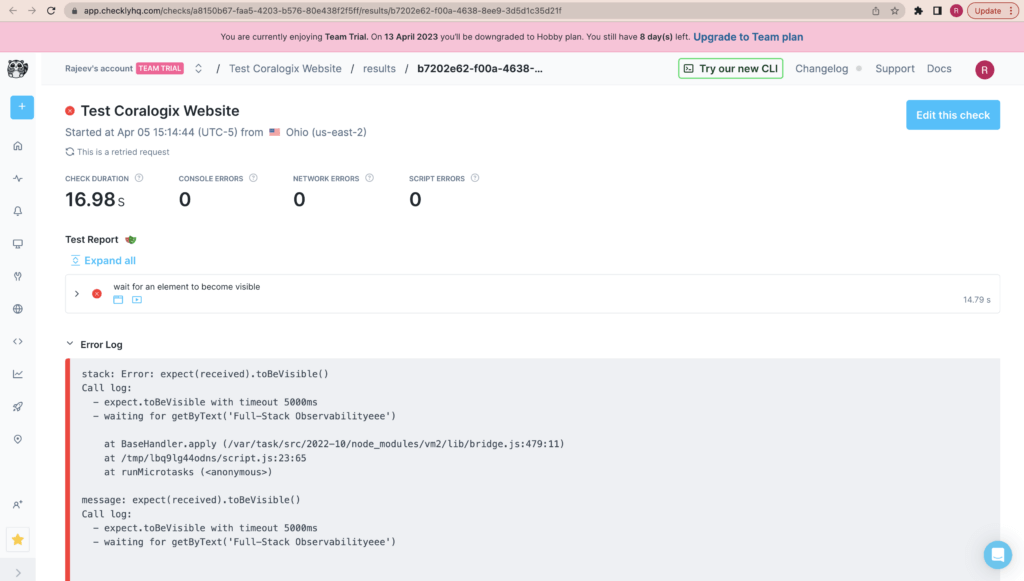 Synthetic Monitoring Checkly Coralogix